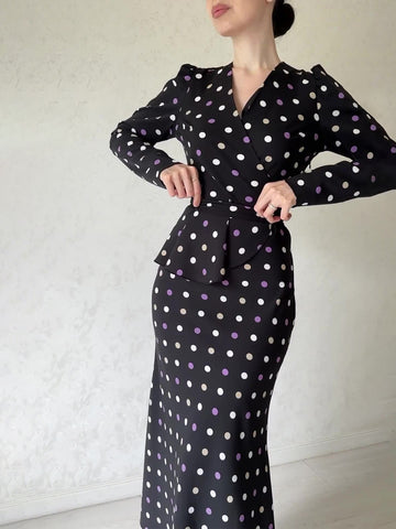 Woochic robe à manches longues col en V cintrée pois noir S